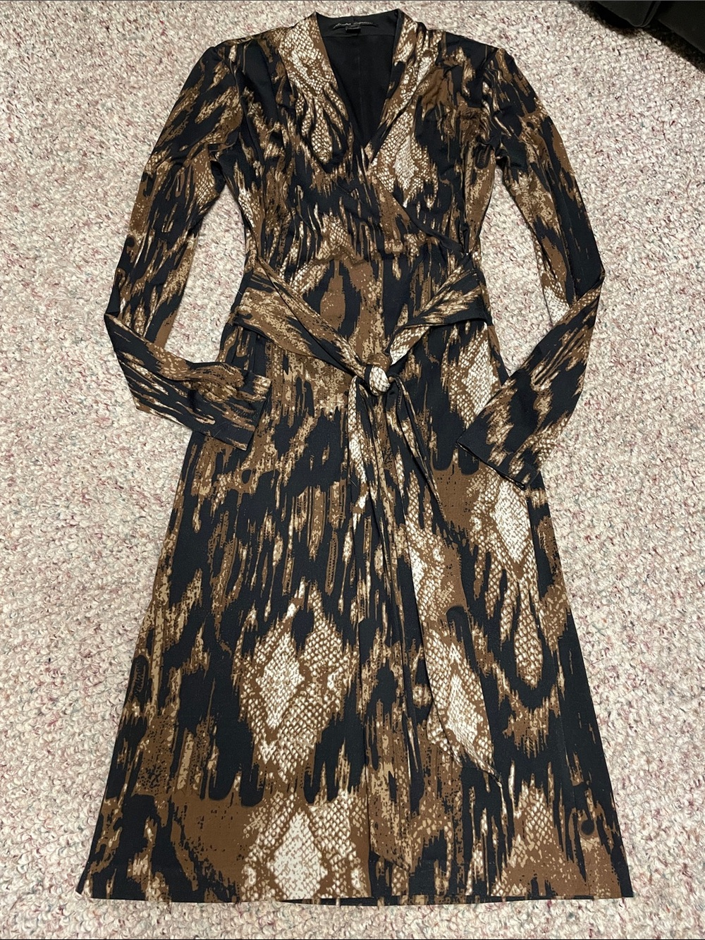 Sandra augelozzi Black and Brown Printed Wrap Dress with waist tie Belt